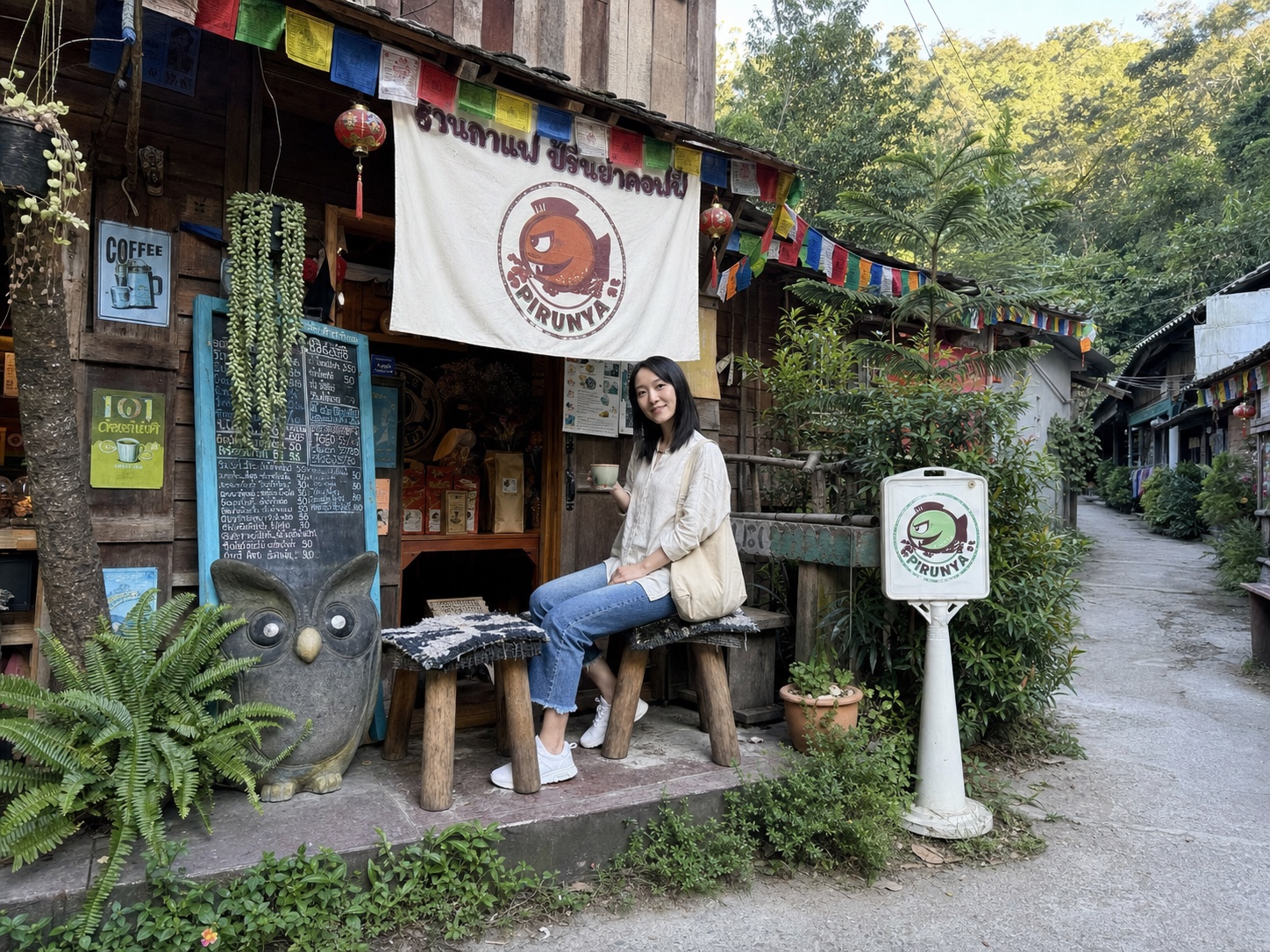 ร้านปิรันย่า คอฟฟี่ในซอยเล็กของหมู่บ้านแม่กำปอง ร้านไม้ขนาดเล็ก